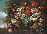 Andrea Boscoli Stilleben med blommor och pafagel oil